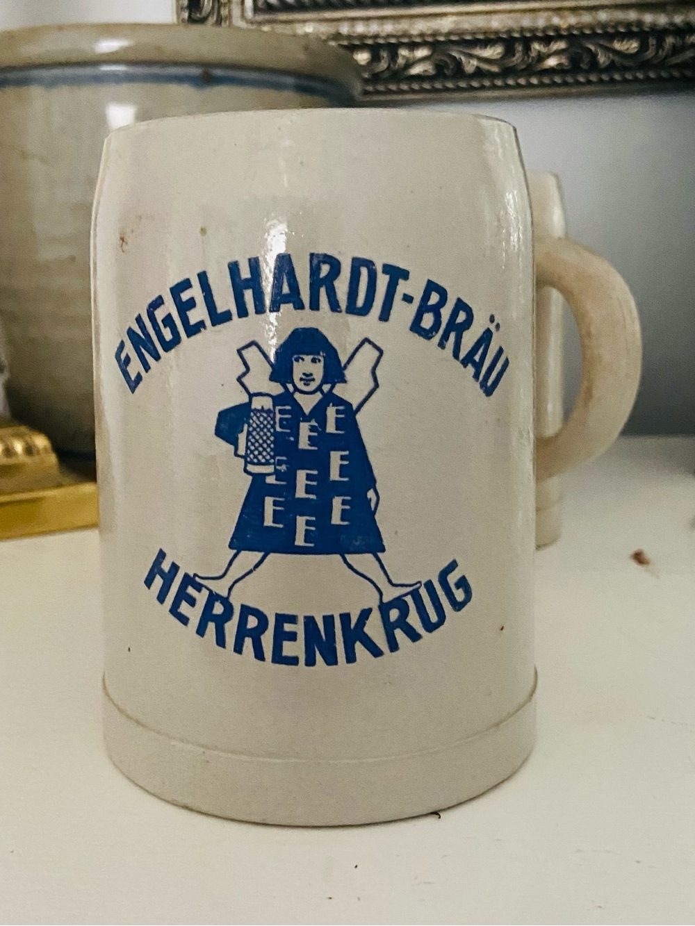 ENGELHARDT-BRÄU Herrenkrug Ceramic Beer Stein - White & Blue